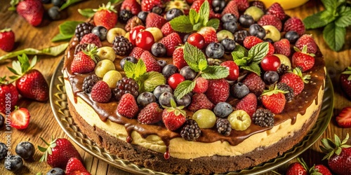 A decadent chocolate-glazed cheesecake adorned with an abundance of fresh berries, grapes, and mint, creating a symphony of colors and flavors.