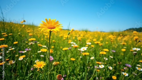 Yellow daisy stands tall among the sprawling field of wildflowers under a bright blue sky, blooming, scenic