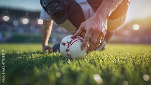 Close-up of a male baseball player picking up a baseball on the green field during sunset. photo