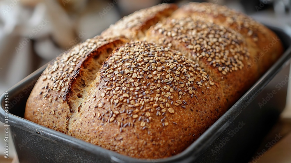 Freshly Baked Golden Crust Wholemeal Bread Loaf with Hearty Texture in Baking Pan Freshly Baked Golden Crust Wholemeal Bread Loaf with Hearty Texture in Baking Pan
