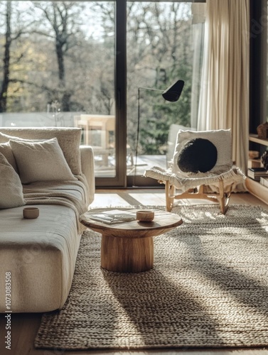 Cozy Modern Living Room with Scenic Outdoor View and Minimalist Decor