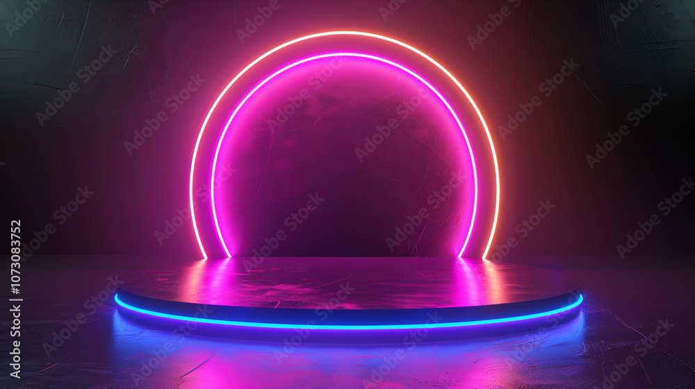 a modern, minimalistic setting featuring a circular platform with a neon pink ring behind it The neon circle is positioned in the center, creating a glowing, futuristic effect