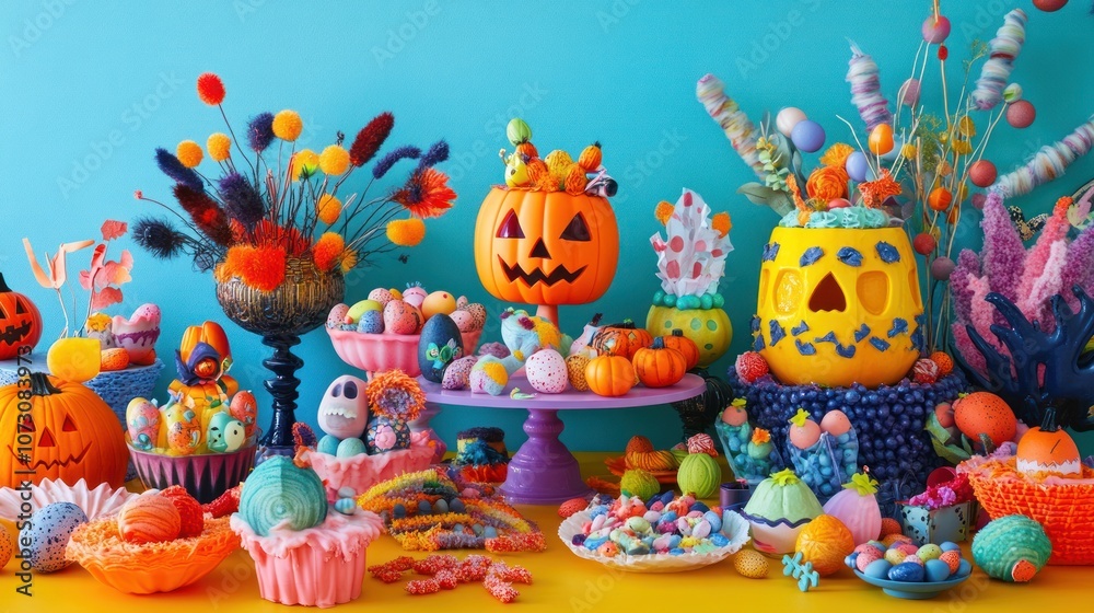A colorful Halloween still life with pumpkins, candy, and other festive decorations on a blue and yellow background. A colorful Halloween still life with pumpkins, candy, and other festive decorations on a blue and yellow background.