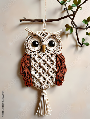 Decorative macrame owl wall hanging created with natural fibers, featuring intricate knotting, displayed on a neutral background