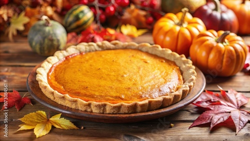 A perfectly baked pumpkin pie with a golden crust, surrounded by autumnal leaves and pumpkins, ready to be enjoyed.