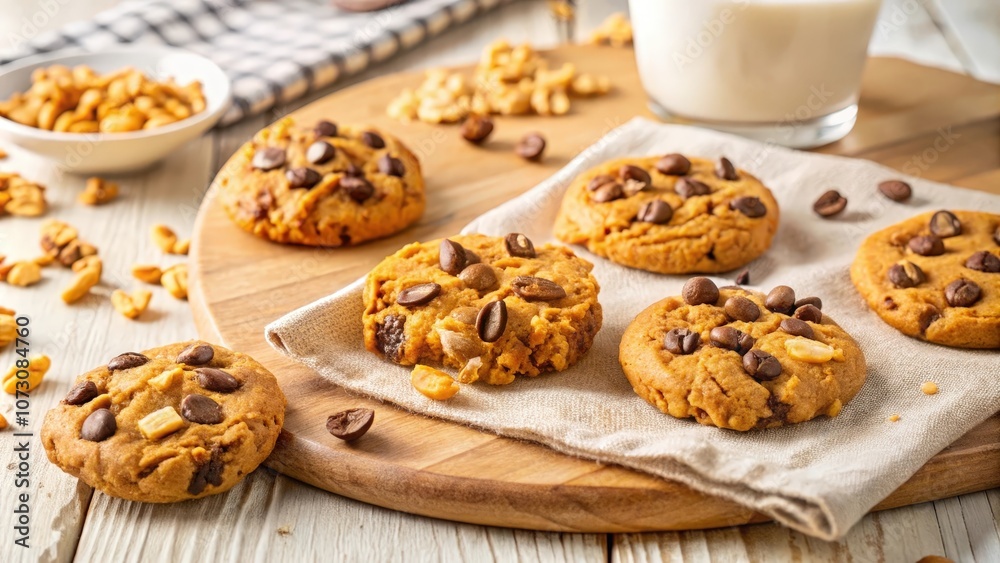 A delicious assortment of cookies with chocolate chips and coffee beans on a rustic wooden board, a perfect treat for any occasion. A delicious assortment of cookies with chocolate chips and coffee beans on a rustic wooden board, a perfect treat for any occasion.