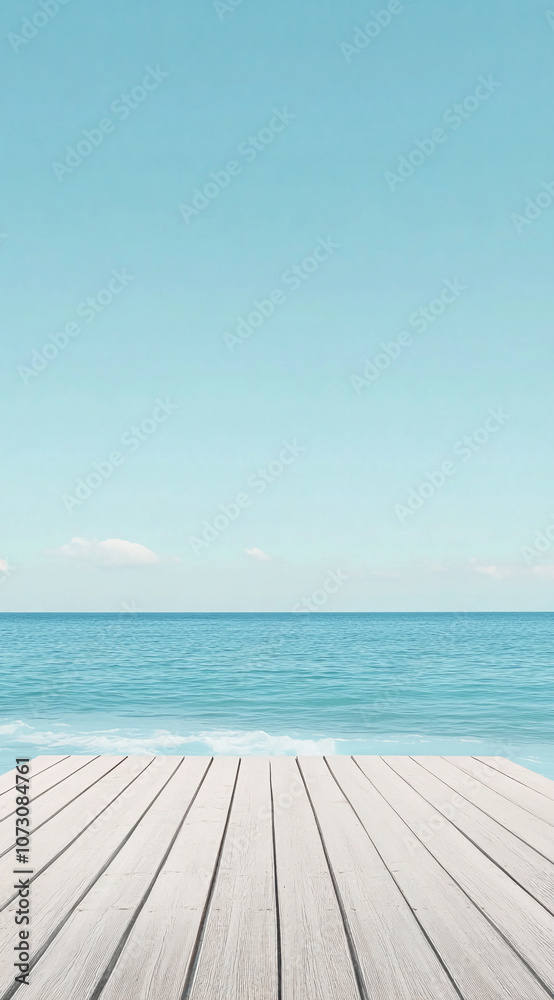 Fototapeta premium A wooden dock stretches out over calm blue water on a bright, sunny day