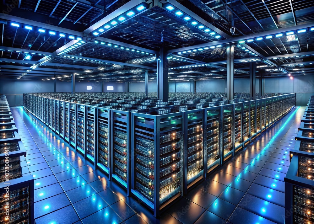 Fototapeta premium Hyper-realistic Drone Photography of a Data Center Featuring Rows of Server Racks with Ambient Lighting, Capturing the Essence of Modern Digital Infrastructure