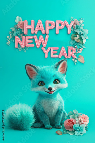 New Year Cards: 2025-themed Cute Neon Background Baby Fox Illustrations photo