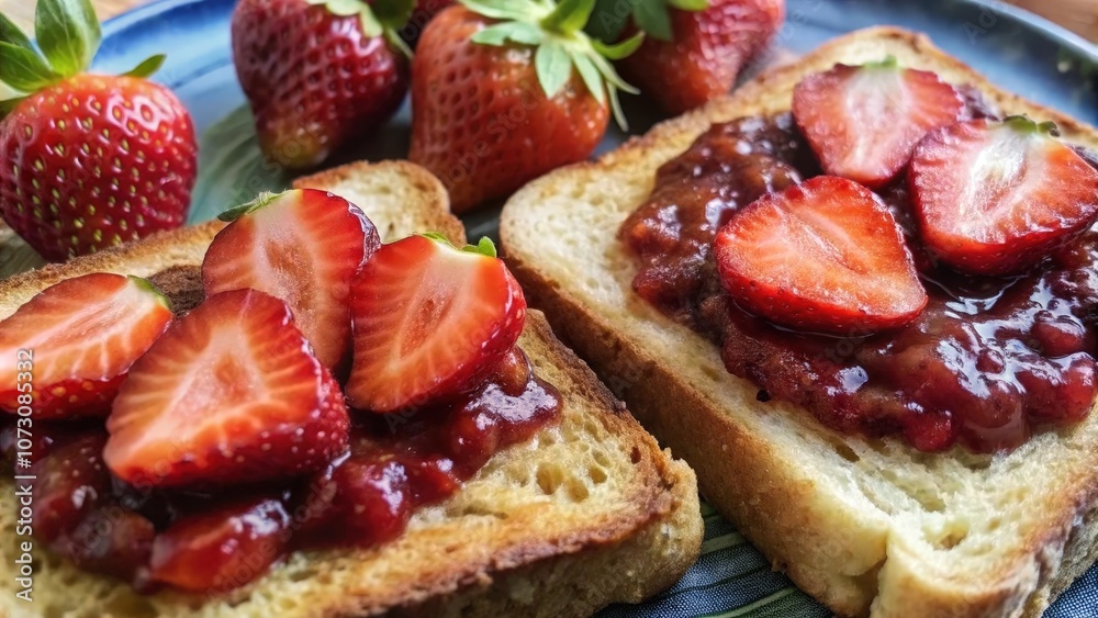 Two slices of toasted bread topped with a generous amount of strawberry jam and fresh sliced strawberries on a blue and green patterned surface. Two slices of toasted bread topped with a generous amount of strawberry jam and fresh sliced strawberries on a blue and green patterned surface.