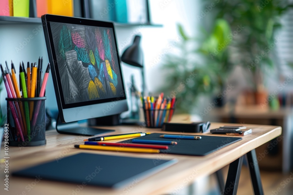 Naklejka premium Creatively Curated Workspace with Modern Decor and Colorful Stationery Supplies