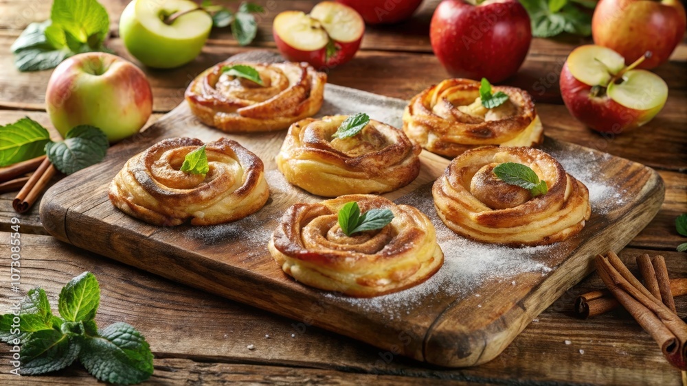 Cinnamon Swirl Apple Pastries on a Wooden Board with Fresh Mint Garnish and Cinnamon Sticks Cinnamon Swirl Apple Pastries on a Wooden Board with Fresh Mint Garnish and Cinnamon Sticks