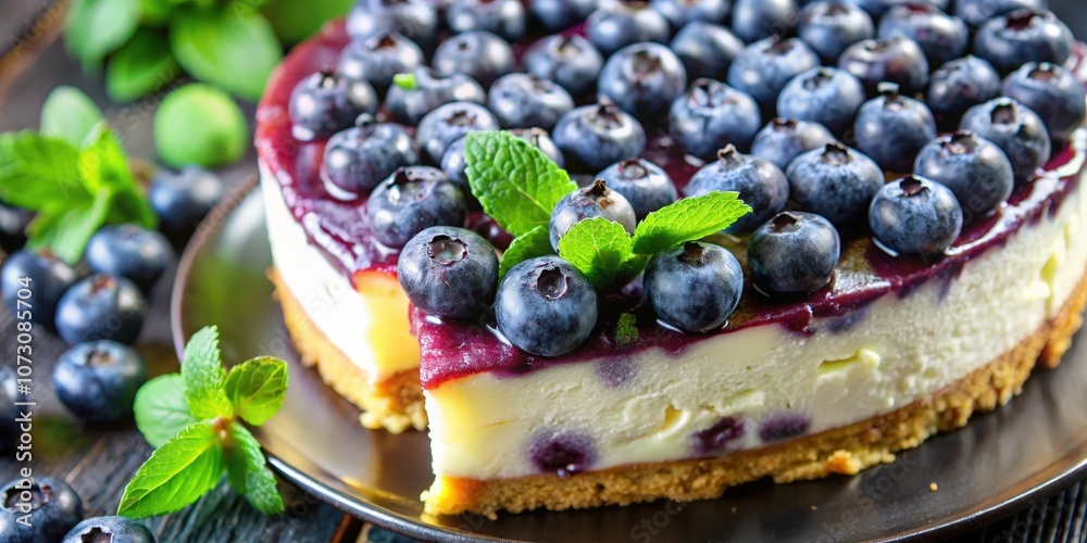 A Creamy Blueberry Cheesecake with a Slice Removed, Displayed on a Dark Plate and Decorated with Fresh Mint Leaves A Creamy Blueberry Cheesecake with a Slice Removed, Displayed on a Dark Plate and Decorated with Fresh Mint Leaves