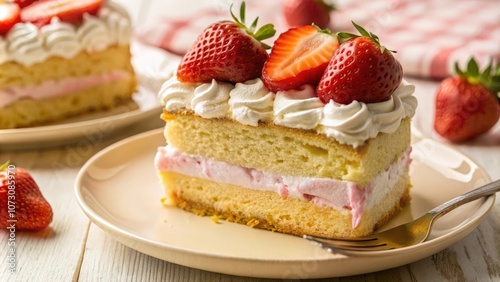 A slice of vanilla cake with strawberry filling, topped with whipped cream and fresh strawberries, served on a light-brown plate