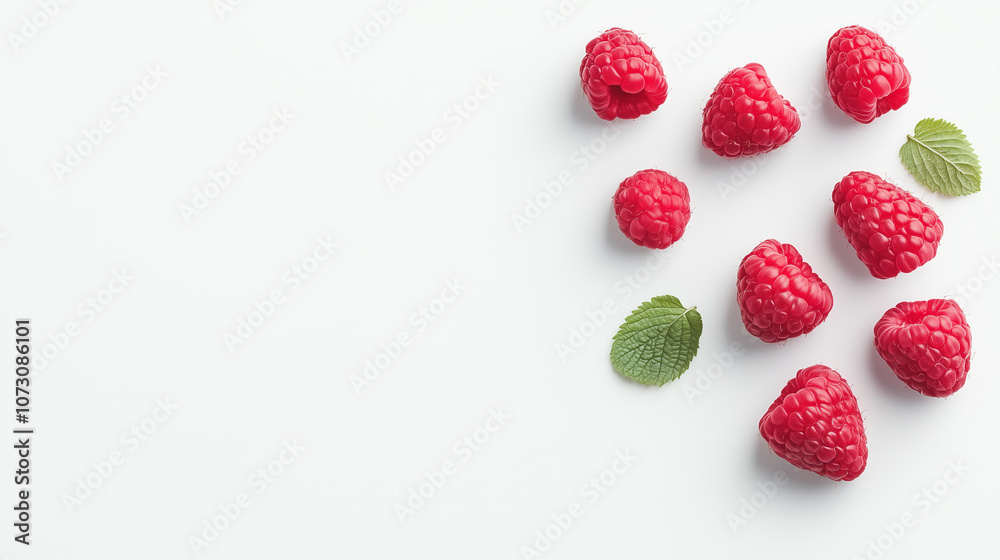 raspberries arranged on a white background, top view, minimalistic and fresh concept, fruit banner with copy-space raspberries arranged on a white background, top view, minimalistic and fresh concept, fruit banner with copy-space