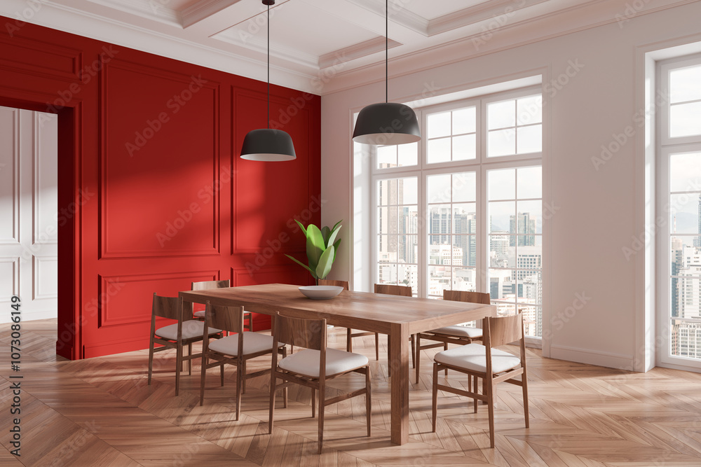 Fototapeta premium Elegant dining room with wooden table, chairs, red accent wall, large windows, and city view. Modern design concept. 3D Rendering