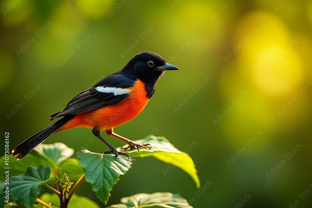 Tiny bird basked on branch in sunlight Tiny bird basked on branch in sunlight