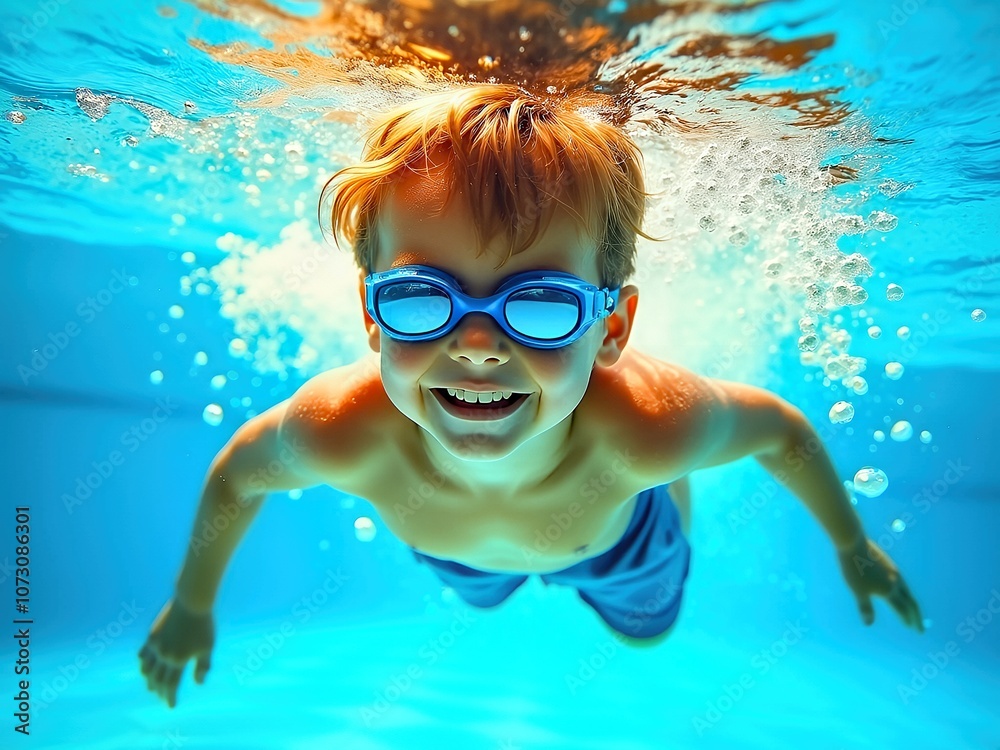 Fototapeta premium Young boy with goggles dives under vibrant blue water