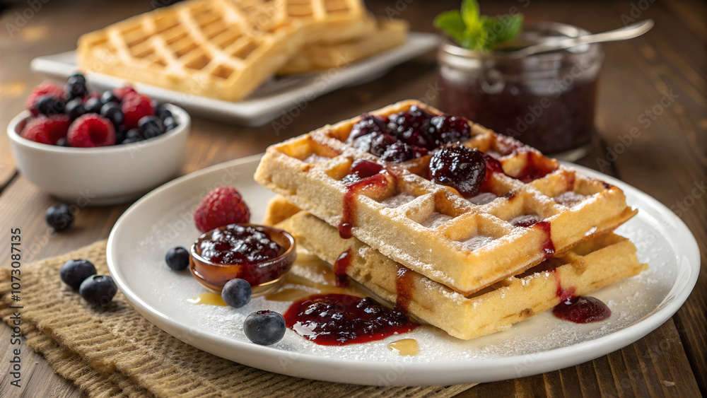 Belgian waffles with jam. Belgian waffles with jam.