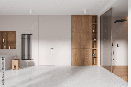 Modern Bathroom Interior with Wooden Elements. 3D Rendering