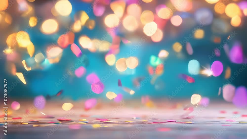 Playful and colorful confetti falling through the air against a soft, blurred bokeh background, creating a festive and joyful atmosphere.