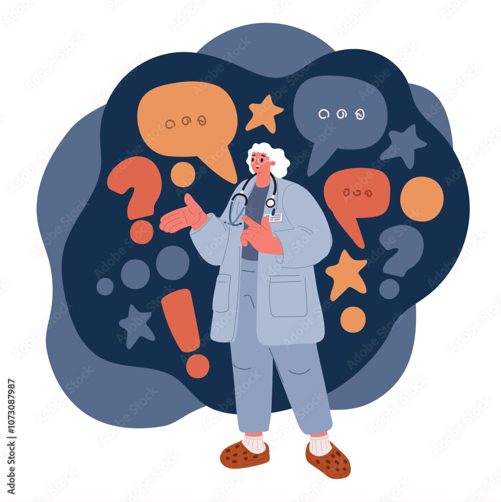Cartoon vector illustration of a female doctor giving medical advice, representing care, communication, and healthcare guidance over dark background Cartoon vector illustration of a female doctor giving medical advice, representing care, communication, and healthcare guidance over dark background