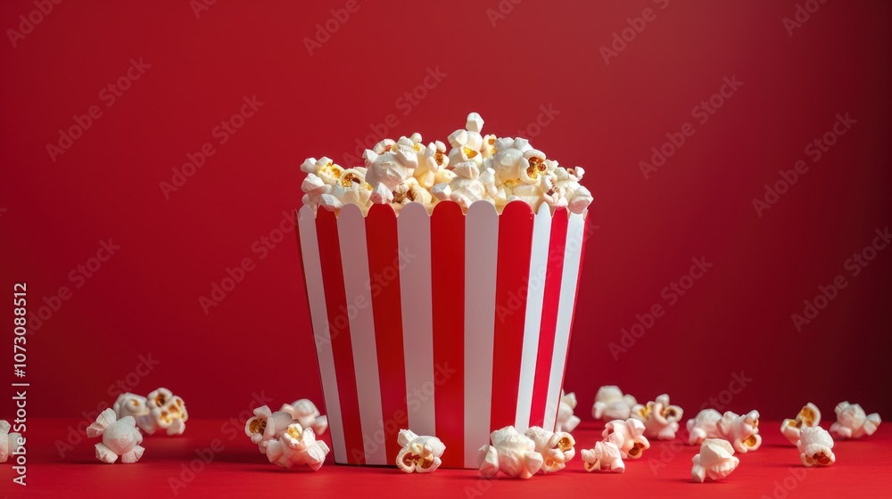 Fresh Popcorn in Striped Bucket on Red Background Fresh Popcorn in Striped Bucket on Red Background