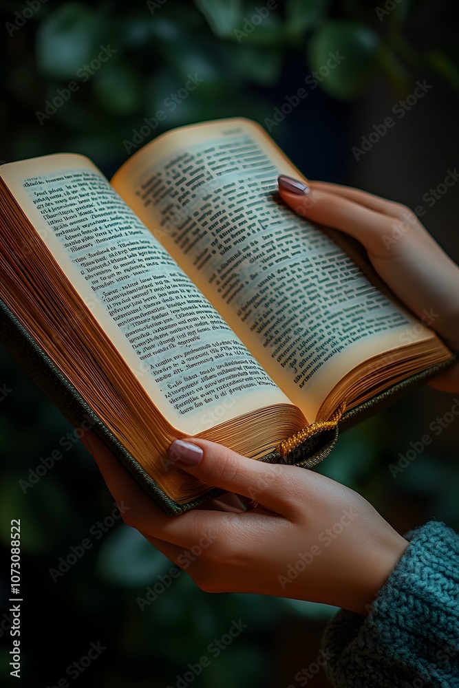 Fototapeta premium A person holds an open book, surrounded by greenery, suggesting a cozy reading atmosphere.
