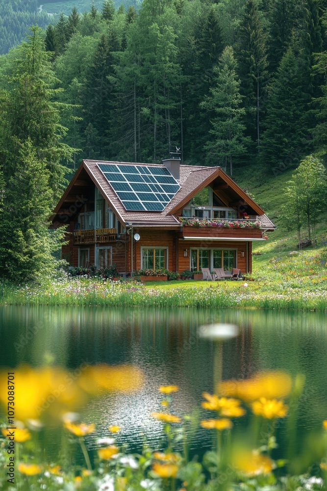 Fototapeta premium Eco Friendly Wooden Cabin Nestled in Serene Mountain Landscape with Tranquil Lake Reflection
