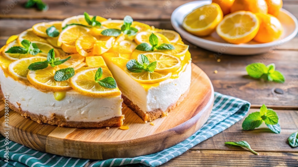 A creamy lemon cheesecake decorated with fresh mint and citrus slices, on a wooden cutting board with a green checkered napkin A creamy lemon cheesecake decorated with fresh mint and citrus slices, on a wooden cutting board with a green checkered napkin