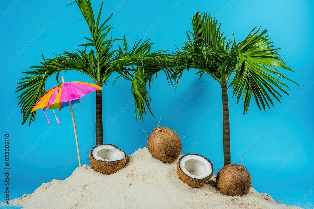 Obraz premium Coconuts with umbrellas and palm trees on a blue background.