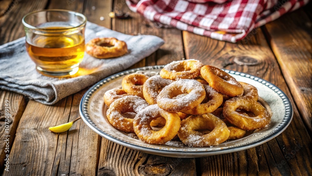 A plate of golden-brown donuts dusted with powdered sugar sits on a rustic wooden table, accompanied by a glass of amber-colored liquid, creating a simple yet inviting scene. A plate of golden-brown donuts dusted with powdered sugar sits on a rustic wooden table, accompanied by a glass of amber-colored liquid, creating a simple yet inviting scene.