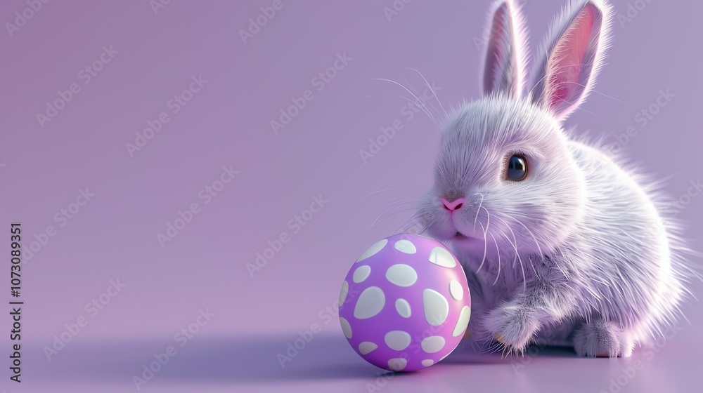 Fototapeta premium A white cartoon bunny looking at a purple speckled egg.
