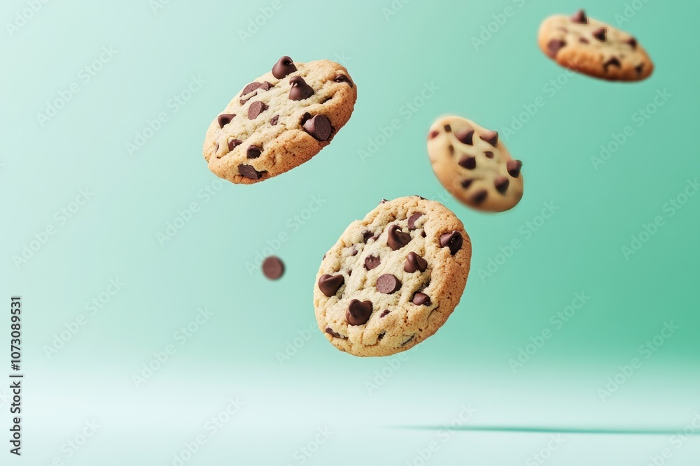 Delicious Chocolate Chip Cookies in Mid-Air Delicious Chocolate Chip Cookies in Mid-Air