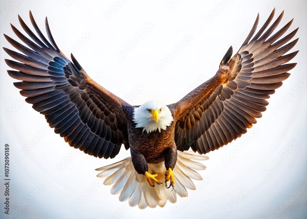 Majestic Bald Eagle in Flight with Wings Fully Extended Against a Crisp White Background, Perfect for Nature and Wildlife Illustrations, Educational Materials, and Environmental Awareness Campaigns Majestic Bald Eagle in Flight with Wings Fully Extended Against a Crisp White Background, Perfect for Nature and Wildlife Illustrations, Educational Materials, and Environmental Awareness Campaigns