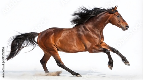 Majestic Bay Horse Galloping in Long Exposure on White Background for Equine Photography Enthusiasts and Stock Image Creators