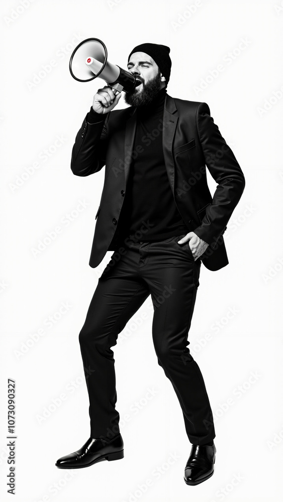 Charismatic Leader in Suit Shouting Through Megaphone: Perfect for Business Communication or Motivational Speaking Campaigns Charismatic Leader in Suit Shouting Through Megaphone: Perfect for Business Communication or Motivational Speaking Campaigns