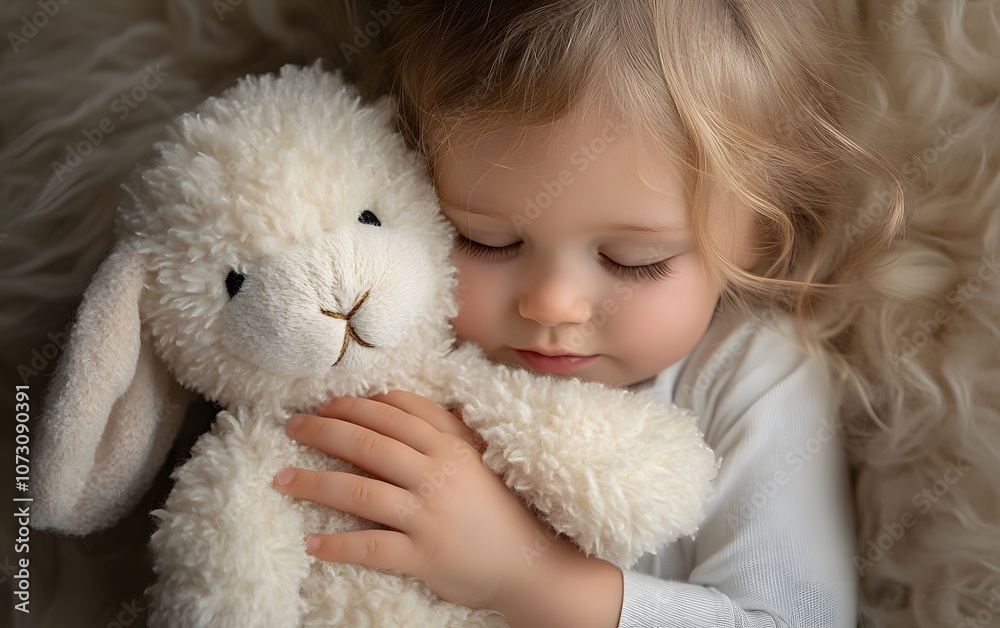 A peaceful child cuddles a soft toy bunny, showcasing warmth and innocence. A peaceful child cuddles a soft toy bunny, showcasing warmth and innocence.