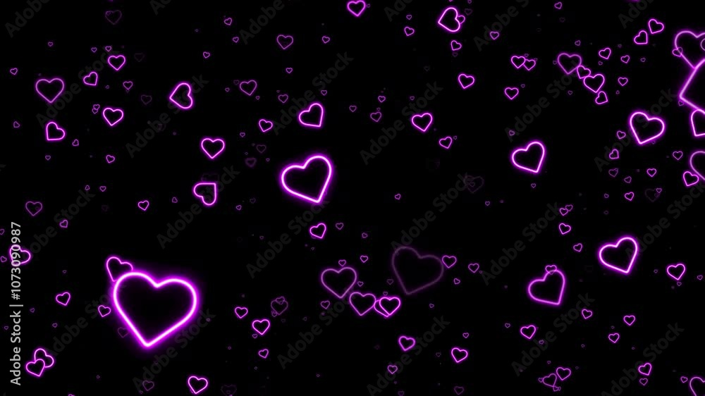 Pink Neon Heart Background Flying. Neon Heart Glowing Background Loop