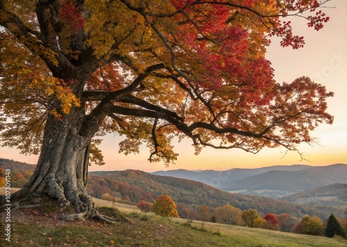 Majestic Millenary Chestnut Tree in Autumn: A Stunning Display of Nature's Beauty with Vibrant Foliage and Rich Colors, Perfect for Seasonal Imagery and Scenic Landscapes photo