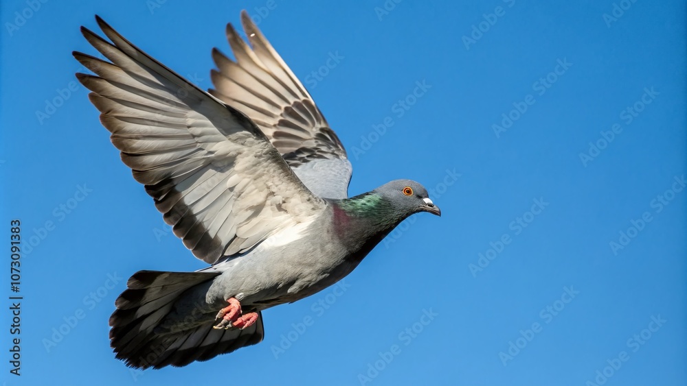 Majestic Pigeon in Flight Captured Against a Clear Blue Sky, Showcasing Graceful Wings and Dynamic Movement for Nature and Wildlife Photography Enthusiasts