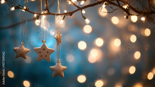 Close-up of Hanukkah ornaments with stars and ribbons on decorative branch, glowing warmly in festive room. Hanukkah photo