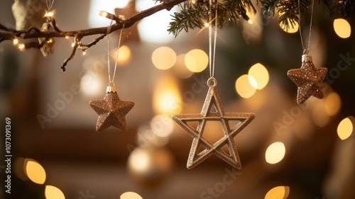 Festive Hanukkah ornaments hanging from branch, with stars and ribbons in softly lit room for holiday atmosphere. Hanukkah photo