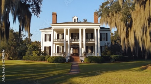 A white, two-story antebellum mansion with a large front porch and columns, surrounded by a grassy lawn, framed by two large trees with Spanish moss hanging from their branches.