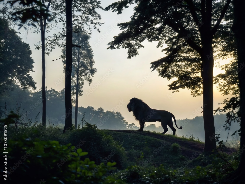 Majestic Silhouette of a Lion Amidst Lush Forest Vegetation at Dusk, Capturing the Essence of Nature's Majesty and Wild Beauty in Stunning Contrast Majestic Silhouette of a Lion Amidst Lush Forest Vegetation at Dusk, Capturing the Essence of Nature's Majesty and Wild Beauty in Stunning Contrast