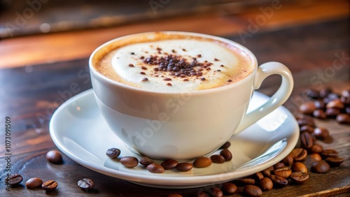 Aromatic Cappuccino with Creamy Foam and Sprinkled Cocoa Powder, Served on a White Saucer with Coffee Beans Scattered Around