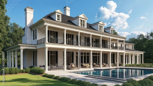Wallpaper Mural A large, white, two-story house with a wraparound porch and a swimming pool in the backyard. Torontodigital.ca