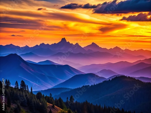 Majestic Silhouette of Valleys and Mountains at Dusk with a Stunning Sunset Over the Horizon, Creating a Dramatic Landscape Perfect for Nature Lovers and Adventurers