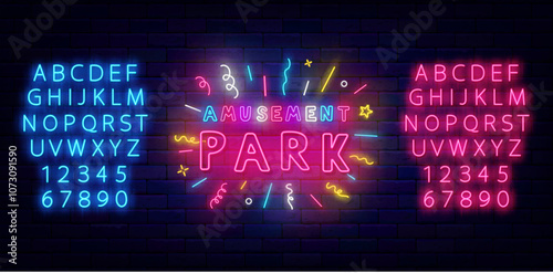 Amusement park neon label. Fair sign with confetti. Glowing blue and pink alphabet. Vector stock illustration