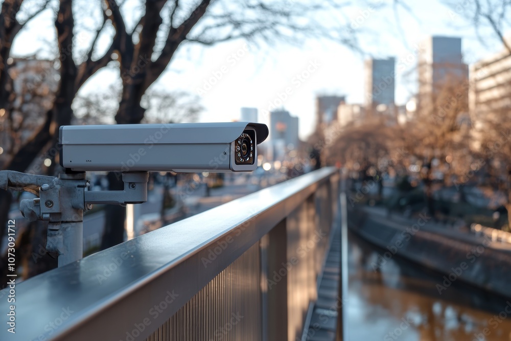 Naklejka premium Sleek modern cctv camera on bridge monitoring traffic flow and enhancing public safety measures